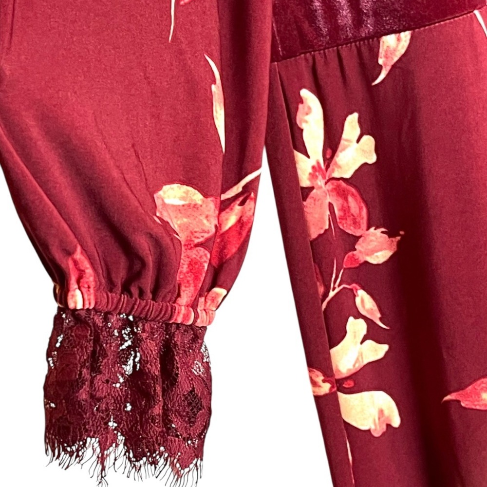 Susan Graver Floral Midi Dress‎ Womens XL Burgundy Velvet Trim Lace Cuff - Picture 6 of 14